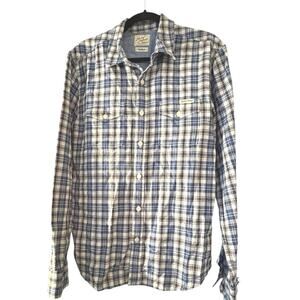 Lucky Brand Western Shirt PearlSnap Blue Plaid  M Chest Pockets Country Rodeo